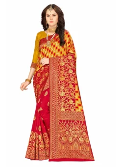 Woven Work Maroon N Mustard Banarasi Silk Saree Festive Wear -Mahra Clothing Shop woven work maroon n mustard banarasi silk saree sasstskttnc38033a u