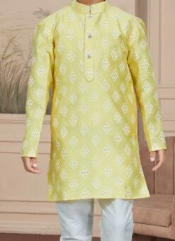 Yellow Art Silk Embroidered Kurta Pyjama For Boys Festive Wear