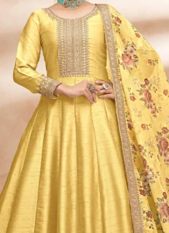 Yellow Art Silk Embroidery Anarkali Suit Party Wear