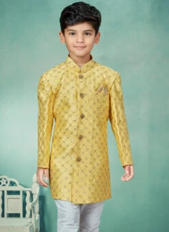 Yellow Art Silk Embroidery Indowestern Sherwani Party Wear -Mahra Clothing Shop yellow art silk embroidery indowestern sherwani kdbmsgrk577 b