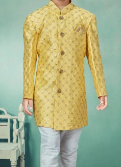 Yellow Art Silk Embroidery Indowestern Sherwani Party Wear