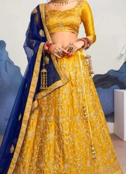 Yellow Art Silk Embroidery Umbrella Lehenga Party Wear