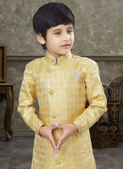 Yellow Art Silk Jacquard Indowestern Sherwani Party Wear -Mahra Clothing Shop yellow art silk jacquard indowestern sherwani kdbsgr618 b