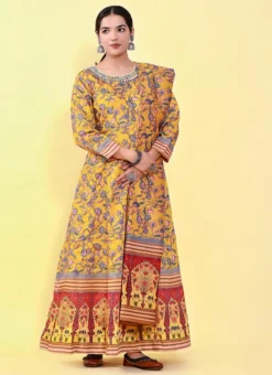Yellow Art Silk Printed Gown After Six Wear -Mahra Clothing Shop yellow art silk printed gown bgwrsuf702 u