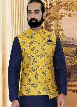Yellow Brocade Nehru Jacket -Mahra Clothing Shop yellow brocade nehru jacket jmkmdc489 b