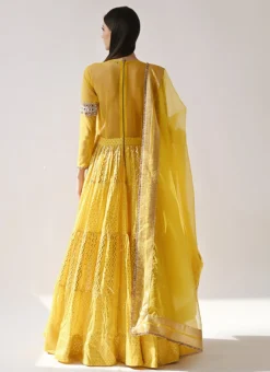 Yellow Chanderi Silk Foil Printed Work Anarkali Suit Wedding Wear -Mahra Clothing Shop yellow chanderi silk foil printed work anarkali suit sldnk310030 b