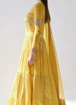 Yellow Chanderi Silk Foil Printed Work Anarkali Suit Wedding Wear
