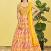 Yellow Chinon Embroidered Printed Umbrella Lehenga Party Wear