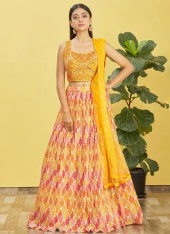 Yellow Chinon Embroidered Printed Umbrella Lehenga Party Wear