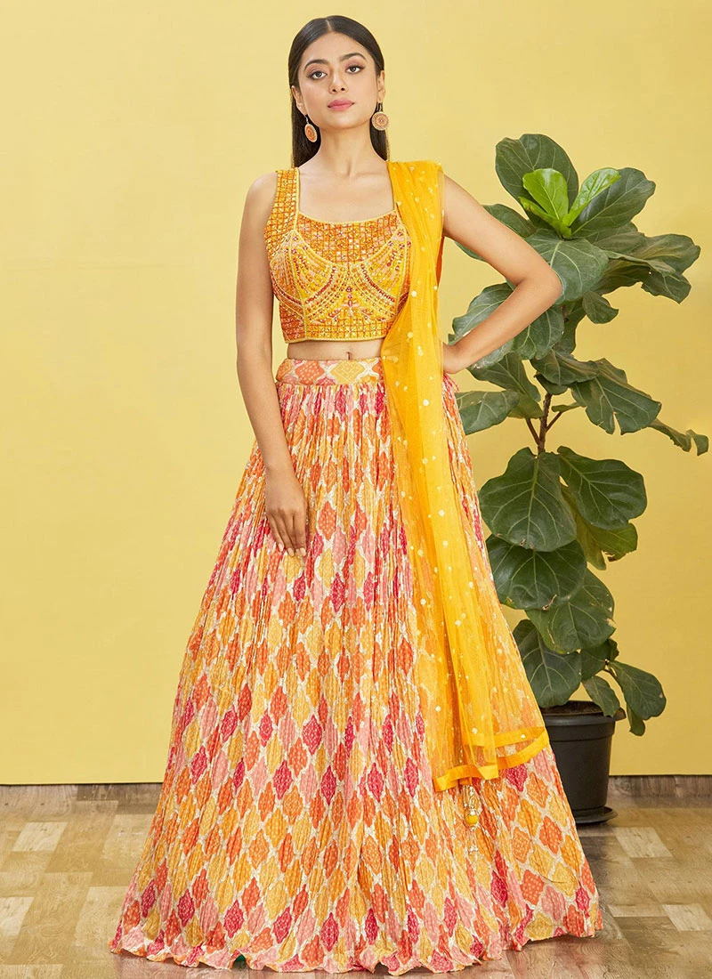 Yellow Chinon Embroidered Printed Umbrella Lehenga Party Wear 1 Yellow Chinon Embroidered Printed Umbrella Lehenga Party Wear
