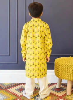 Yellow Cotton Printed Kurta Pyjama Party Wear -Mahra Clothing Shop yellow cotton printed kurta pyjama kdbdfk2495 b