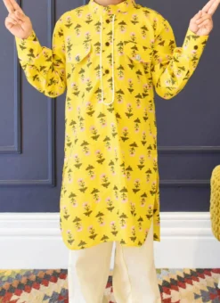 Yellow Cotton Printed Kurta Pyjama Party Wear