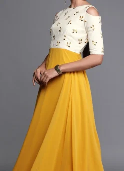 Yellow Embroidered Boat Neckline Gown Festive Wear