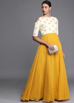 Yellow Embroidered Boat Neckline Gown Festive Wear -Mahra Clothing Shop yellow embroidered boat neckline gown IWBS01910299 u
