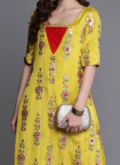 Yellow Embroidered Chinon Kurta Set Festive Wear