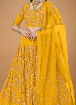 Yellow Faux Georgette Embroidered Umbrella Lehenga Party Wear