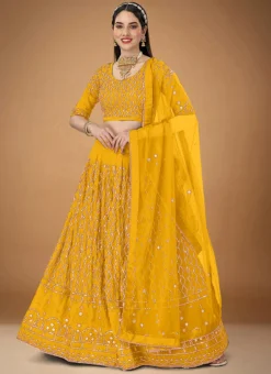 Yellow Faux Georgette Embroidered Umbrella Lehenga Party Wear -Mahra Clothing Shop yellow faux georgette embroidered umbrella lehenga ghsbv20009 u