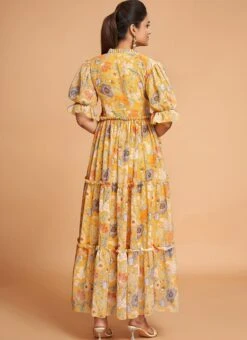 Yellow Georgette Digital Print Fit And Flare Dress After Six Wear -Mahra Clothing Shop yellow georgette digital print fit and flare dress drsacw9020 b