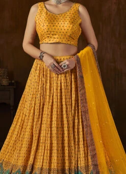 Yellow Georgette Patola Print Umbrella Lehenga Party Wear