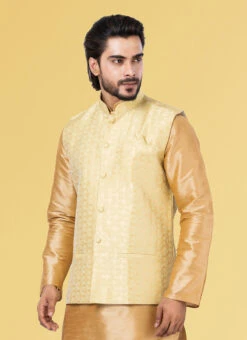Yellow Jacquard Silk Nehru Jacket 5 Yellow Jacquard Silk Nehru Jacket -Mahra Clothing Shop yellow jacquard silk nehru jacket jmkkvs455 b
