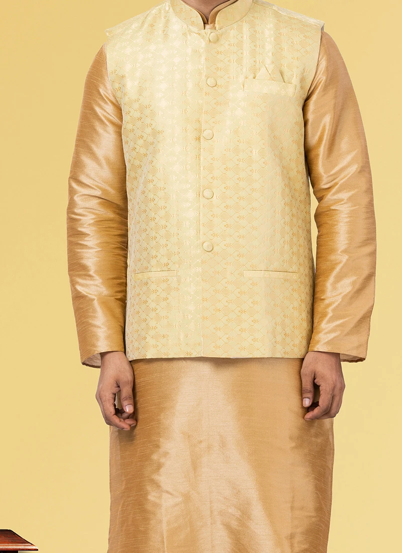 Yellow Jacquard Silk Nehru Jacket 1 Yellow Jacquard Silk Nehru Jacket
