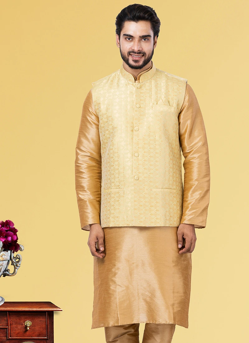 Yellow Jacquard Silk Nehru Jacket 2 Yellow Jacquard Silk Nehru Jacket - Image 2