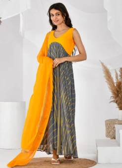 Yellow N Grey Chiffon Leheriya Anarkali Top With Dupatta After Six Wear -Mahra Clothing Shop yellow n grey chiffon leheriya anarkali top with dupatta sljrfrp4015 u