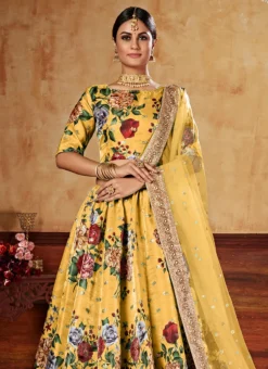 Yellow Satin Blend Umbrella Lehenga Party Wear -Mahra Clothing Shop yellow satin blend umbrella lehenga ghsom2006 b