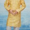 Yellow Silk Dupion Printed Kids Kurta Pyjama Party Wear