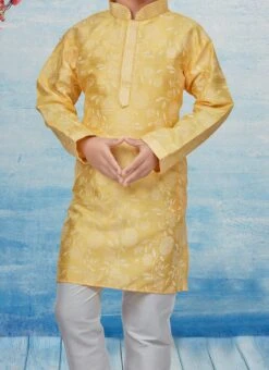 Yellow Silk Dupion Printed Kids Kurta Pyjama Party Wear