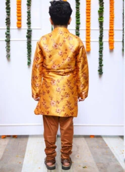 Yellow Silk Printed Kids Boys Classic Sherwani Party Wear -Mahra Clothing Shop yellow silk printed kids boys classic sherwani kdbfnfcb051 b