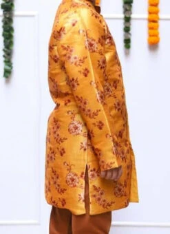 Yellow Silk Printed Kids Boys Classic Sherwani Party Wear