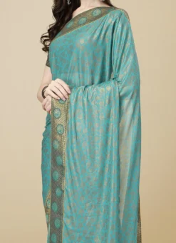 Zari Work Rama Blue Color Lycra Saree Festive Wear