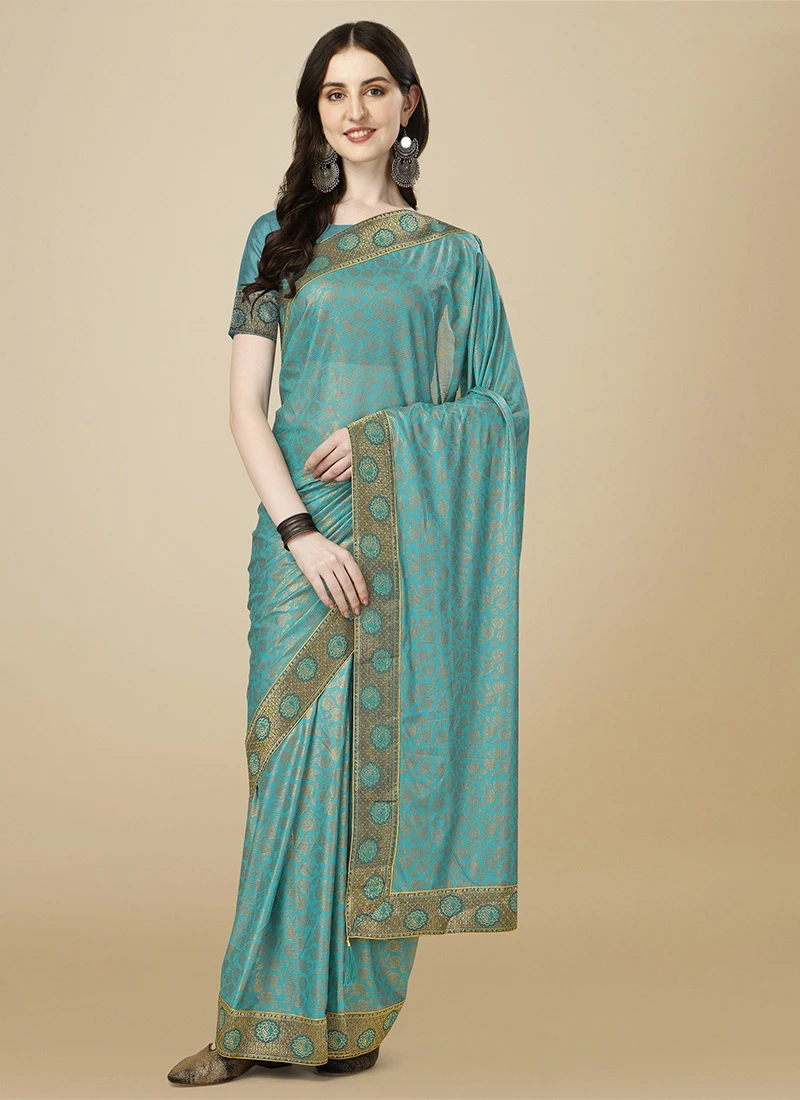 Zari Work Rama Blue Color Lycra Saree Festive Wear 3 Zari Work Rama Blue Color Lycra Saree Festive Wear - Image 3