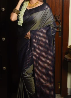 Zari Woven Work Grey Color Banarasi Silk Saree Festive Wear