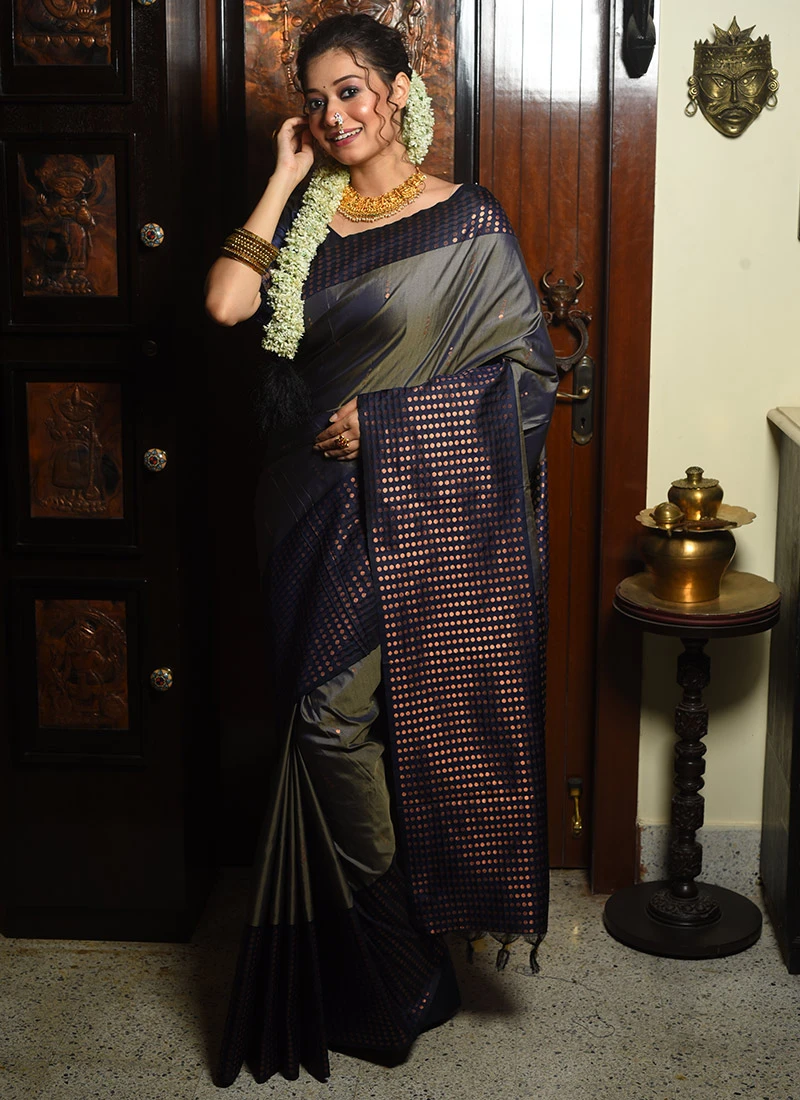 Zari Woven Work Grey Color Banarasi Silk Saree Festive Wear 3 Zari Woven Work Grey Color Banarasi Silk Saree Festive Wear - Image 3