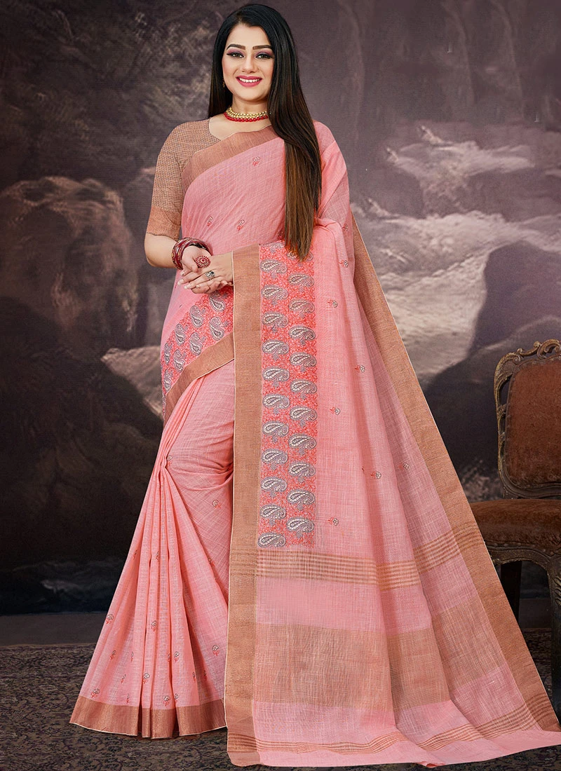 Front Page -Mahra Clothing Shop Baby Pink Linen Embroidered Work Saree SAMASR04 u 1